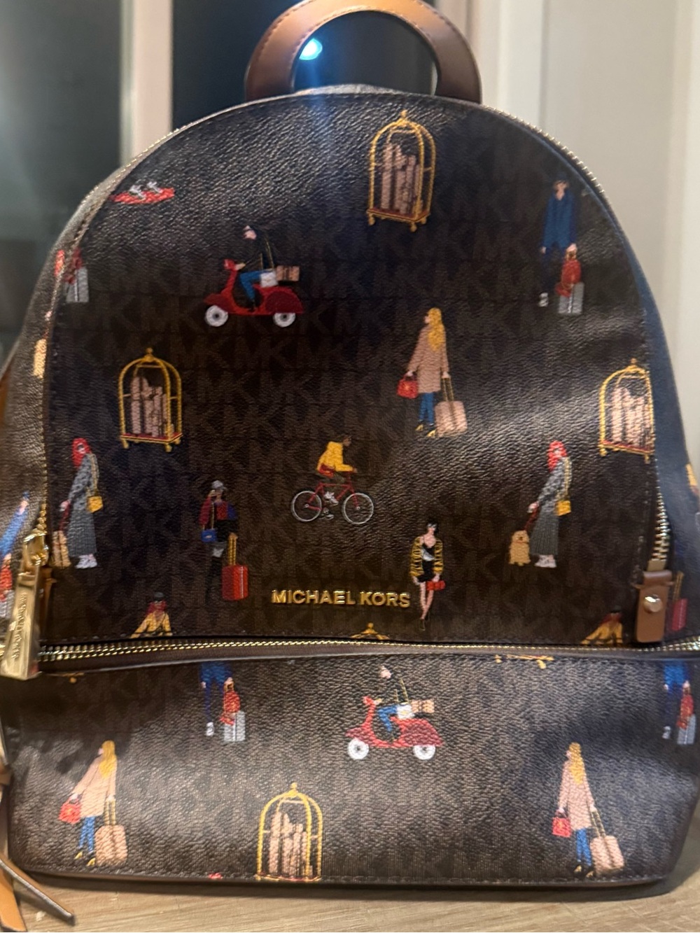 Michael Kors Brown Logo Print Travel Scene Backpack
